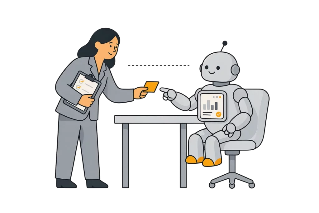 Illustration: Frau mit Checkliste übergibt eine Aufgabenkarte an einen Roboter am Schreibtisch