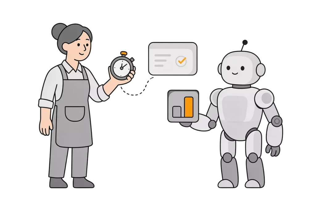 Illustration: Handwerkerin mit Stoppuhr, Roboter mit Balkendiagramm – die Rechnung fuer KI im kleinen Betrieb