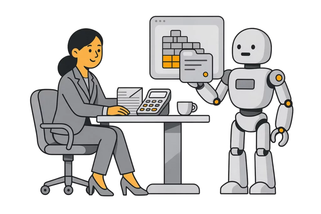 Illustration: Frau mit Taschenrechner und Rechnungsstapel, Roboter zeigt ein Panel mit Kostenblöcken, von denen einige verdeckt sind