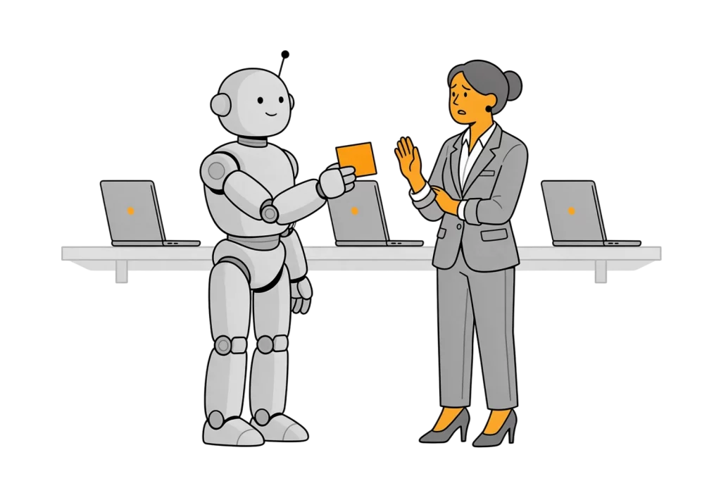 Illustration: Roboter reicht einer Mitarbeiterin eine Aufgabenkarte, im Regal stehen ungenutzte Laptops