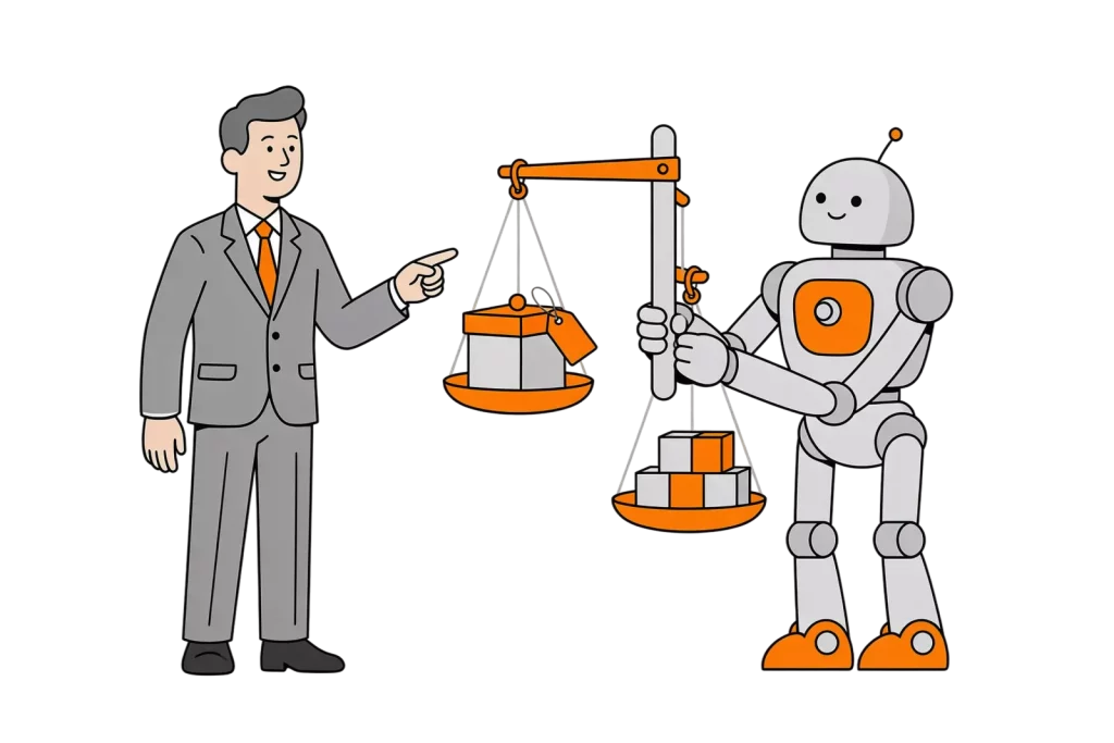 Illustration: Roboter haelt eine Waage, auf der einen Schale ein fertiges Softwarepaket, auf der anderen ein Stapel Bausteine, daneben ein Mann, der auf eine Schale zeigt
