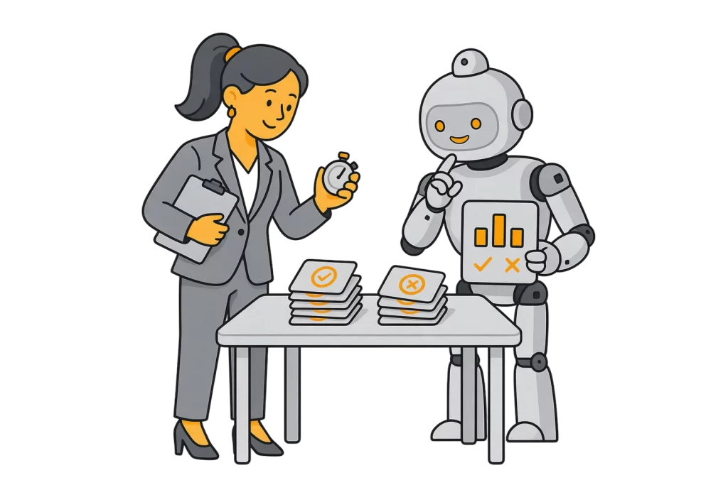 Illustration: Frau mit Klemmbrett und Stoppuhr vergleicht zwei Vorgangsstapel, daneben ein Roboter mit Balkendiagramm