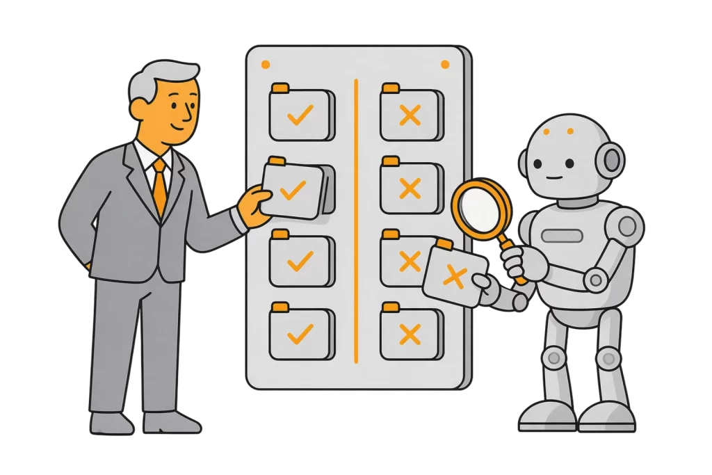 Illustration: Mann sortiert Prozesskarten an einer Tafel in zwei Spalten, Roboter prüft eine Karte mit der Lupe
