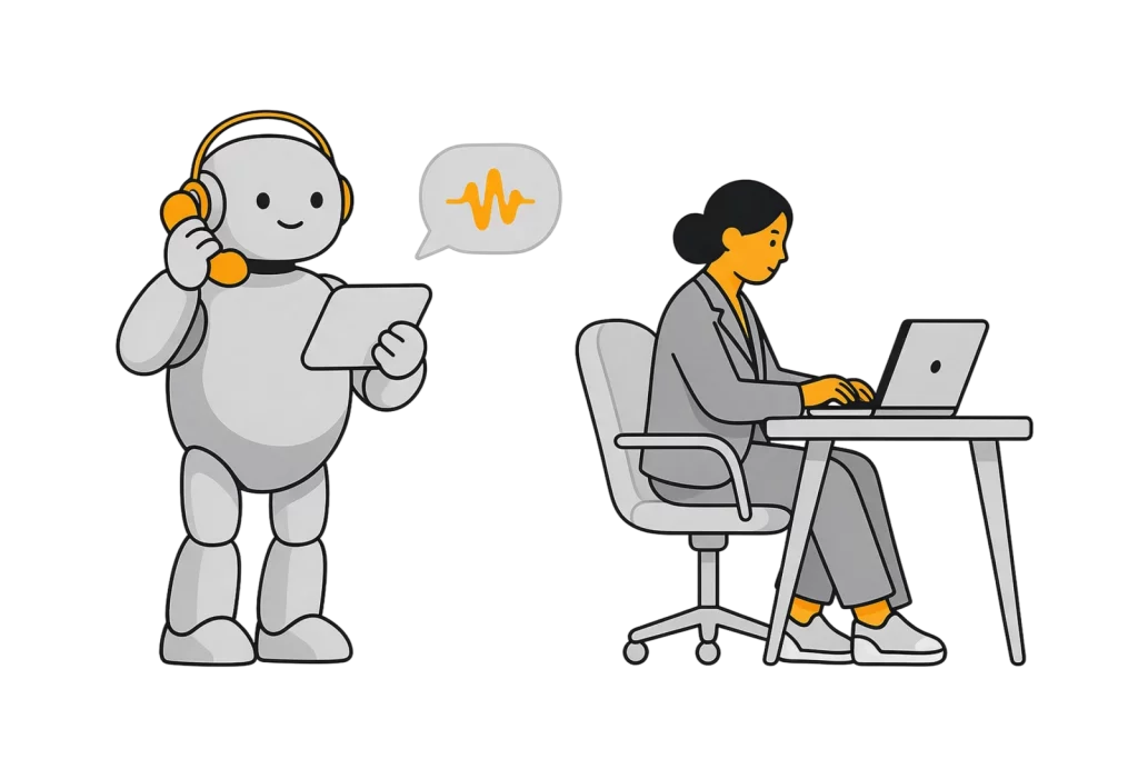 Illustration: Roboter mit Headset nimmt einen Anruf entgegen, während eine Mitarbeiterin ungestört am Laptop weiterarbeitet