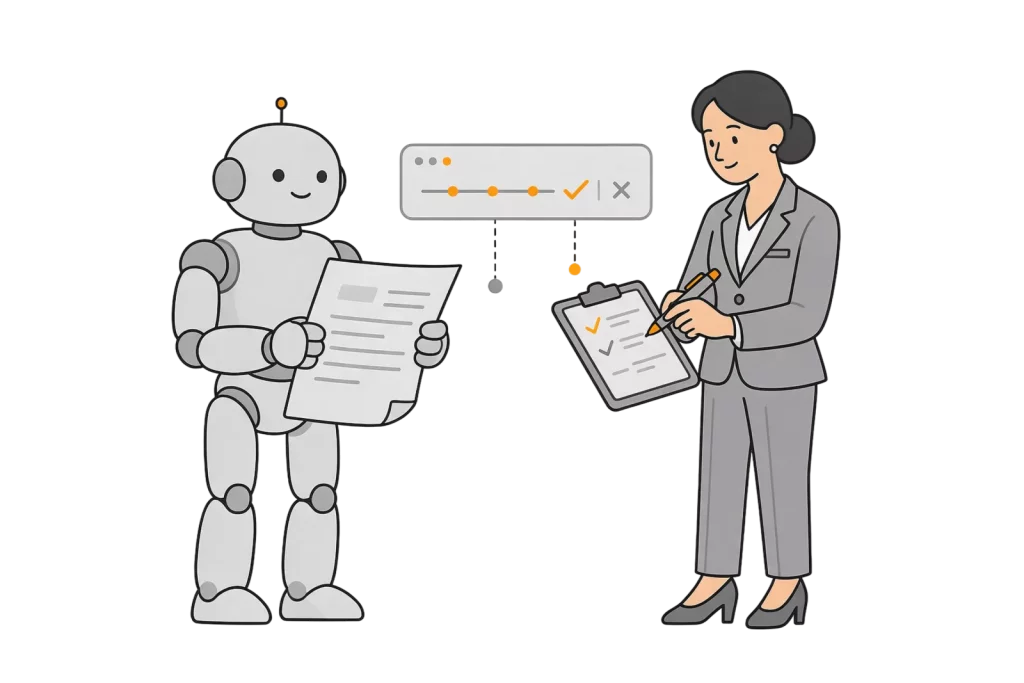 Illustration: Roboter haelt ein Regelwerk, eine Frau mit Klemmbrett hakt Pflichten der KI-Verordnung ab