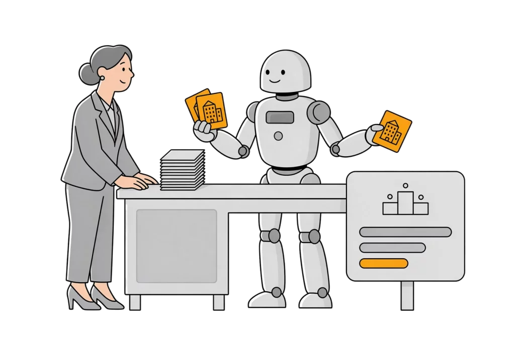 Illustration: Roboter zieht drei orange markierte Firmenkarten aus einem Stapel anonymer grauer Karten und reicht eine davon einer Mitarbeiterin, daneben ein Panel mit Rangfolge