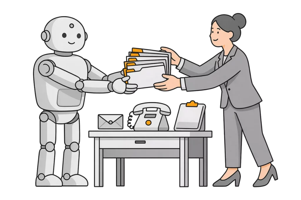 Geschäftsfrau übergibt fünf Ordner an einen freundlichen Roboter neben einem Schreibtisch mit Telefon und Klemmbrett