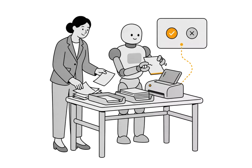 Illustration: Eine Frau sortiert Papierunterlagen in zwei Ablagen, daneben führt ein freundlicher Roboter ein Blatt in einen Dokumentenscanner